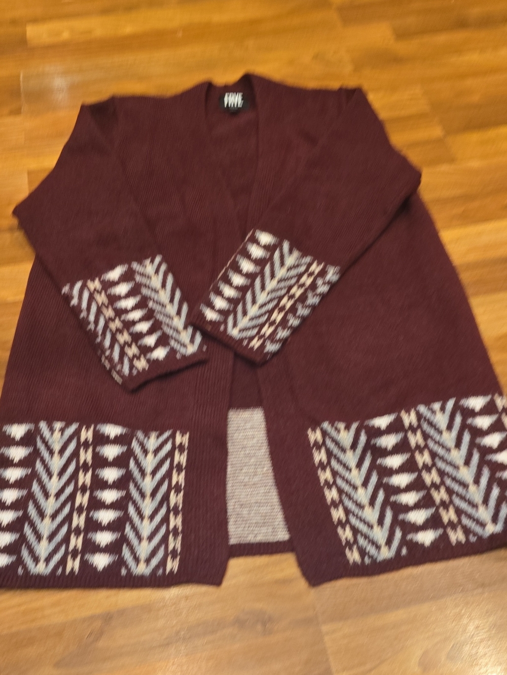 Frye Burgundy Open-Front Cardigan with Contrasting Patterned Trim